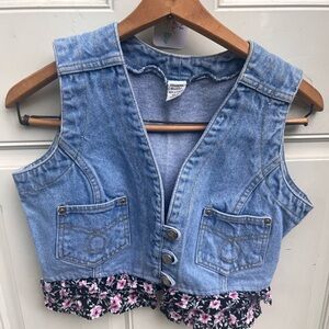 Vintage 90s Denim Vest with Floral Trim